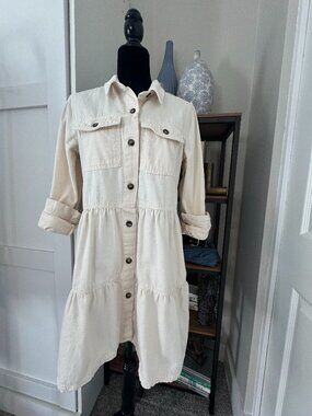 Free People Cream Button-down Tiered Dress w/Pockets - Size L